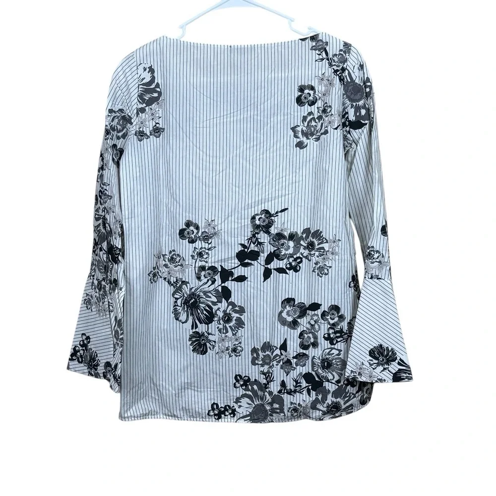 Massimo Dutti Striped Floral Top Blouse‎ Shirt White Black 3/4 sleeve Cotton 4 S - Picture 2 of 5